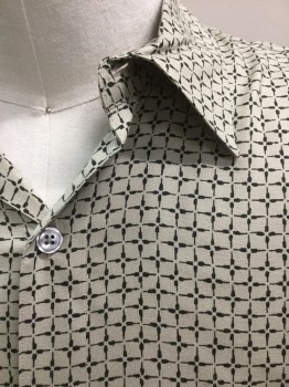 PERRY ELLIS, Khaki Brown, Black, Rayon, Novelty Pattern, Long Sleeves, Collar Attached, Button Front, 2 Button Down Patch Pockets
