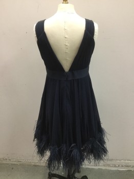 Womens, Cocktail Dress, MARCHESSA, Navy Blue, Silk, Feathers, Solid, 6, Chiffon Baby Doll Silhouette. Gros Grain at Empire Line. Ostrich Plum at Hemline. Zipper Center Back, V.neck Sun Damage on Shoulders