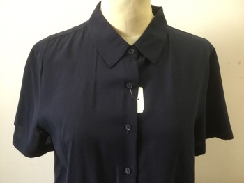 UNIQLO, Navy Blue, Silk, Solid, Collar Attached, Short Sleeves, Button Front,