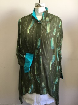 CAROLE TOMKINS, Dk Olive Grn, Teal Green, Lt Green, Synthetic, Novelty Pattern, Sheer, Dark Olive with Lt Green Wavy Lines and Boxes, Button Front, 1 Mother of Pearl Button at Top, Hidden Placket, Collar Attached with Teal Green Reverse, French Cuffs with Teal Green Reverse, Side Seam Slits