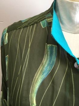 CAROLE TOMKINS, Dk Olive Grn, Teal Green, Lt Green, Synthetic, Novelty Pattern, Sheer, Dark Olive with Lt Green Wavy Lines and Boxes, Button Front, 1 Mother of Pearl Button at Top, Hidden Placket, Collar Attached with Teal Green Reverse, French Cuffs with Teal Green Reverse, Side Seam Slits