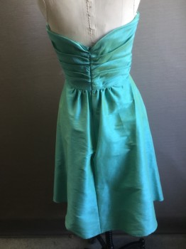 Womens, Cocktail Dress, JIM HJELM, Sea Foam Green, Polyester, Solid, 10, Faux Shantung Silk, Strapless, Cross Over Pleated Detail at Bust Line, Self & Tulle Floral Detail at Waist Left Front, Skirt Gathered to Waist, Zipper Center Back