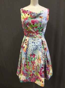 CLOSET, Cream, Lt Blue, Multi-color, Cotton, Lycra, Floral, Stretch Cotton, of Light Blue & Cream Base with Hot Pink, Lime & Blue Floral Print. Summer Dress, Boat Neck, Skirt Pleated to Waist, Bold Zipper at Center Back, 2 Slit Pockets at Side Seams