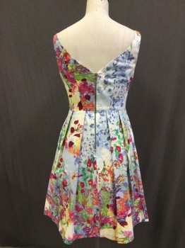 CLOSET, Cream, Lt Blue, Multi-color, Cotton, Lycra, Floral, Stretch Cotton, of Light Blue & Cream Base with Hot Pink, Lime & Blue Floral Print. Summer Dress, Boat Neck, Skirt Pleated to Waist, Bold Zipper at Center Back, 2 Slit Pockets at Side Seams