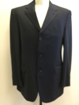 KENNETH COLE, Navy Blue, Blue, Wool, Stripes - Pin, Single Breasted, 3 Buttons,  Collar Attached, Notched Lapel, 3 Pockets