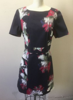 Womens, Dress, Short Sleeve, FRENCH CONNECTION, Midnight Blue, Fuchsia Pink, Gray, Olive Green, Cotton, Spandex, Floral, Abstract , 8, Midnight Blue with Abstracted Fuchsia/Gray/Olive Large Flower Pattern, Horizontally Ribbed Texture, Short Sleeves, Bateau/Boat Neck, Hem Above Knee,  2 Zip Pockets at Hips, Open Cutouts at Center Back Shoulders