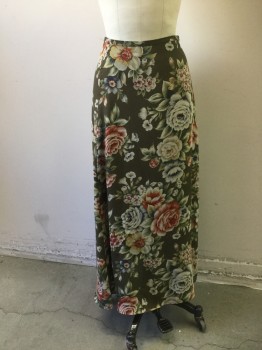Womens, Skirt, Long, LIMITED, Green, Red, Slate Blue, Green, Rust Orange, Polyester, Floral, 2, Button Side