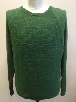 Mens, Pullover Sweater, J.CREW, Green, Cotton, Heathered, M, Lightweight Knit with White Flecks/Heather, Long Sleeves, Crew Neck