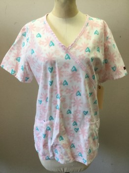 ABSOLUTE, White, Pink, Aqua Blue, Poly/Cotton, Floral, Novelty Pattern, Short Sleeves, Surplice, 2 Pockets, Drawstring Back Waist