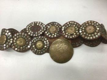N/L MTO, Brown, Gold, Sienna Brown, Leather, Metallic/Metal, Circles of Brown Aged Leather with Large Gold Embossed Metal Circular Plate at Center, Surrounded By Smaller Silver Metal Studs, Large Gold Circular Buckle with Hook Closure, Made To Order