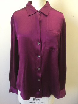 THEORY, Orchid Purple, Silk, Spandex, Solid, Satin, Long Sleeve Button Front, Collar Attached, 1 Patch Pocket