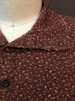 Mens, Historical Fiction Shirt, MTO, Maroon Red, Khaki Brown, Cotton, Polyester, Floral, L, Pull On, 4 Btns,  Collar Attached with Frayed Collar, Long Sleeves with Button Cuffs