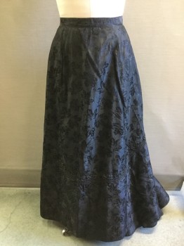 AU BON MARCHE, Black, Silk, Floral, Maple Leaf Brocade, Rope and Soutache Applique, Fitted Waist Flares to Very Full Skirt with Slight Train, Higher in Front Than Back,
