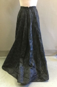 AU BON MARCHE, Black, Silk, Floral, Maple Leaf Brocade, Rope and Soutache Applique, Fitted Waist Flares to Very Full Skirt with Slight Train, Higher in Front Than Back,