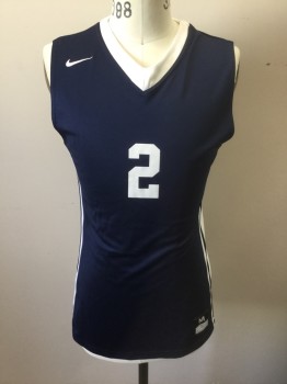 Unisex, Jersey, NIKE DRI FIT, Navy Blue, White, Polyester, Color Blocking, M, Navy with White V-neck, White Panels at Sides with Navy Stripes, Sleeveless, "2" at Front and Back