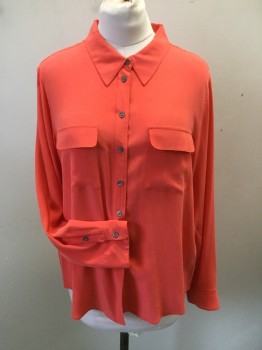 Womens, Blouse, VINCE CAMUTO, Coral Orange, Silk, Solid, L, Long Sleeves, Collar Attached, Button Front, 2 Pockets with Flaps