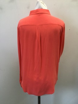 Womens, Blouse, VINCE CAMUTO, Coral Orange, Silk, Solid, L, Long Sleeves, Collar Attached, Button Front, 2 Pockets with Flaps