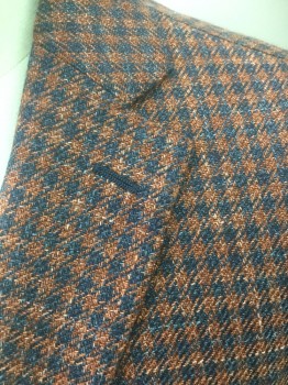 SAKS 5TH AVE, Blue, Orange, Wool, Silk, Houndstooth, Single Breasted, 2 Buttons,  Notched Lapel, 3 Pockets,