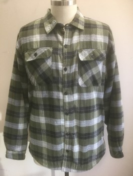 I5 PREMIUM APPAREL, Olive Green, Black, White, Cotton, Polyester, Plaid-  Windowpane, Lined Cold Weather Shirt, Flannel, White Fleece Lining, Long Sleeve Button Front, Collar Attached, 2 Patch Pockets with Button Flap Closures