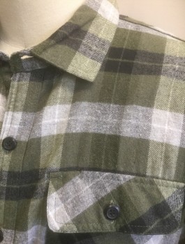 I5 PREMIUM APPAREL, Olive Green, Black, White, Cotton, Polyester, Plaid-  Windowpane, Lined Cold Weather Shirt, Flannel, White Fleece Lining, Long Sleeve Button Front, Collar Attached, 2 Patch Pockets with Button Flap Closures