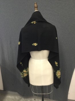 NL, Black, Lt Yellow, Lt Green, Wool, Silk, Solid, Floral, Rectangular Shawl, Black with Pale Yellow & Green Floral Embroidery Border and Scatter. Novelty Fagotting Trim at Narrow Edges. See Photo Close Ups,