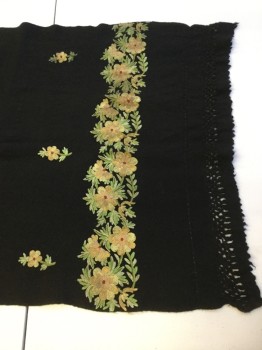 NL, Black, Lt Yellow, Lt Green, Wool, Silk, Solid, Floral, Rectangular Shawl, Black with Pale Yellow & Green Floral Embroidery Border and Scatter. Novelty Fagotting Trim at Narrow Edges. See Photo Close Ups,