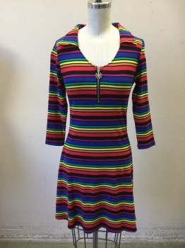 Womens, Dress, Long & 3/4 Sleeve, DELIA'S, Multi-color, Cotton, Spandex, Stripes, B 32, L, Ribbed Knit, 3/4 Sleeve, Collar Attached, Scoop Neck, Zip Front, Hem Above Knee