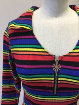 Womens, Dress, Long & 3/4 Sleeve, DELIA'S, Multi-color, Cotton, Spandex, Stripes, B 32, L, Ribbed Knit, 3/4 Sleeve, Collar Attached, Scoop Neck, Zip Front, Hem Above Knee