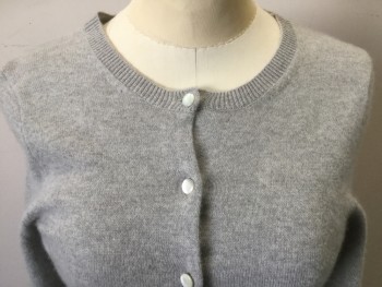 J CREW, Lt Gray, Cashmere, Solid, Pearl Button Front, Round Neck,  Long Sleeves, Knit,