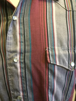 Mens, Western, WRANGLER, Gray, Black, Raspberry Pink, Turquoise Blue, Cotton, Stripes, M, Collar Attached, Long Sleeves, Pearl White Snap Front, Pocket Flaps