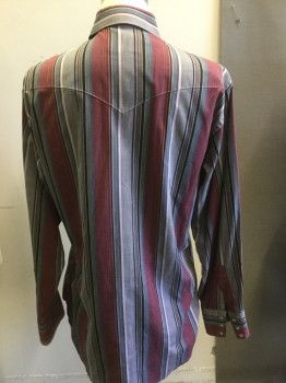 Mens, Western, WRANGLER, Gray, Black, Raspberry Pink, Turquoise Blue, Cotton, Stripes, M, Collar Attached, Long Sleeves, Pearl White Snap Front, Pocket Flaps