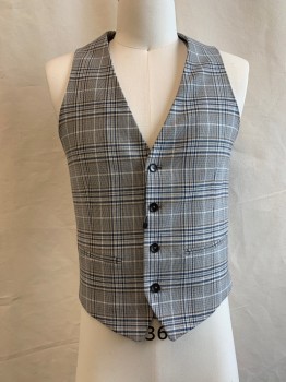 ZARA, Lt Gray, Navy Blue, Brown, Synthetic, Plaid, Button Front, 2 Faux Pockets
