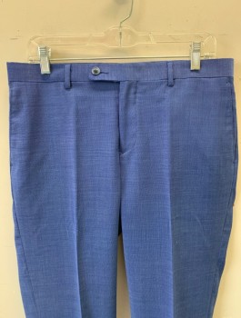 LINEA UOMO, Cornflower Blue, Wool, Polyester, 2 Color Weave, Flat Front, Button Tab, Straight Leg, Zip Fly, 4 Pockets, Belt Loops