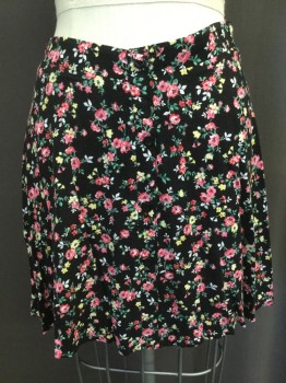 Womens, Skirt, Mini, LUSH, Black, Green, Pink, Yellow, White, Rayon, Floral, S, Elastic Back, Faux Button Front,