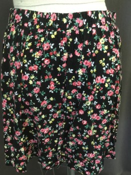 Womens, Skirt, Mini, LUSH, Black, Green, Pink, Yellow, White, Rayon, Floral, S, Elastic Back, Faux Button Front,