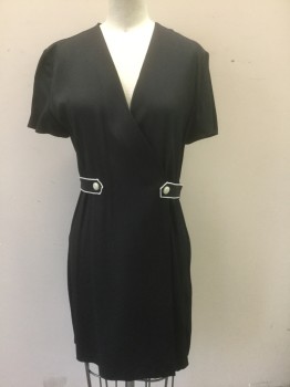 Womens, Dress, Short Sleeve, RAG & BONE, Black, White, Viscose, Solid, S, Diagonally Ribbed Crepe, Solid Black with White Piping Trim at Waist Belt (**Detachable/Separate) with 2 Cream Buttons, Wrap Dress with V-neckline, Hem Mini, **Barcode Located Behind Neckline