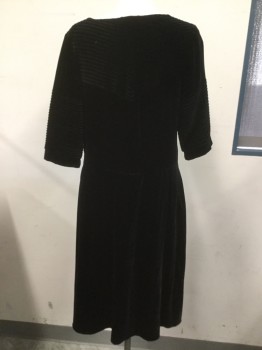 Womens, Cocktail Dress, NICHOLSON, Black, Silk, Solid, L, Black Velvet, Empire Waist, Cross Over V-neck, Short Sleeves with Pin Tuck Detail