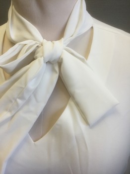 BAR III, White, Polyester, Solid, Crepe, Long Sleeves, Pullover, V-neck with Self "Pussy Bow" Ties at Neck