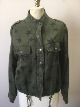Womens, Casual Jacket, RAILS, Olive Green, Black, Lyocell, Linen, Stars, XS, Olive Twill with Black Stars Repeating Pattern, Zip and Snap Front, Stand Collar, Epaulettes at Shoulders, Drawstring Waist, 2 Large Pockets at Chest with Snap Closures