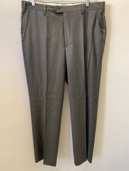 BROOKS BROTHERS, Warm Gray, Gray, Dove Gray, Wool, Cupro, Stripes - Pin, Flat Front, Button Tab, 4 Pockets, Zip Fly, Belt Loops