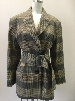 Womens, Blazer, ZARA, Tan Brown, Black, Polyester, Viscose, Plaid, XS, Single Breasted, C.A., Peaked Lapel, L/S, 2 Flap Pockets, 2 Large Tortoise Shell Buttons, Pleated at Waist Front and Back, Self Belt