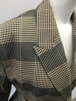 Womens, Blazer, ZARA, Tan Brown, Black, Polyester, Viscose, Plaid, XS, Single Breasted, C.A., Peaked Lapel, L/S, 2 Flap Pockets, 2 Large Tortoise Shell Buttons, Pleated at Waist Front and Back, Self Belt