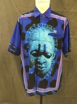 PELLE PELLE, Violet Purple, Black, Lt Blue, Polyester, Human Figure, Abstract , Light Blue Image of Face Front and Back, Purple/Teal Greek Key Square, Violet and Black Abstract, Button Front, Hidden Placket, Collar Attached, Short Sleeves, 1 Pocket