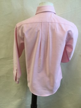 BROOKS BROTHERS, Pink, Cotton, Oxford Weave, Collar Attached, Button Down, Button Front, 1 Pocket, Long Sleeves, Curved Hem