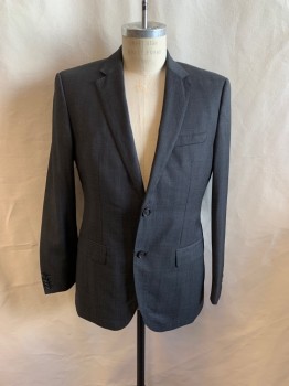 HUGO BOSS, Gray, Wool, Heathered, Solid, SUIT JACKET, Single Breasted, 2 Buttons, Notched Lapel, 3 Pockets, 4 Button Cuffs, 2 Back Vents