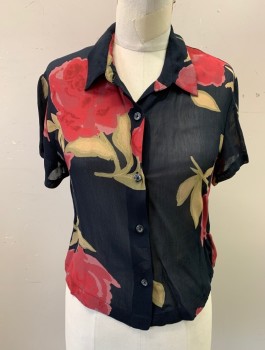 Womens, Blouse, URBAN OUTFITTERS, Black, Dk Red, Olive Green, Viscose, Floral, S, Button Front, Collar Attached, Short Sleeves, Sheer