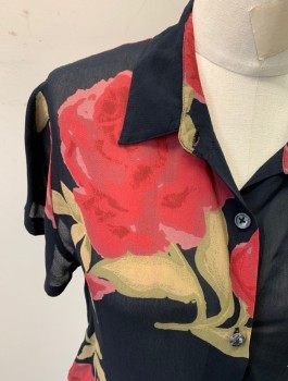 Womens, Blouse, URBAN OUTFITTERS, Black, Dk Red, Olive Green, Viscose, Floral, S, Button Front, Collar Attached, Short Sleeves, Sheer