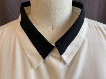 Womens, Blouse, VINCE CAMUTO, Cream, Black, Silk, Color Blocking, XL, Cream/black Stripes Collar Attached, Hidden Button Front, 2 Pockets with Flap, Long Sleeves,