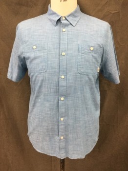 VANS, Teal Blue, White, Cotton, 2 Color Weave, Button Front, Collar Attached, Short Sleeves, 2 Pockets