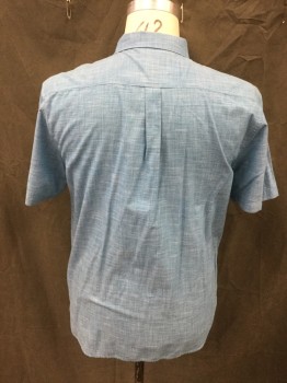 VANS, Teal Blue, White, Cotton, 2 Color Weave, Button Front, Collar Attached, Short Sleeves, 2 Pockets